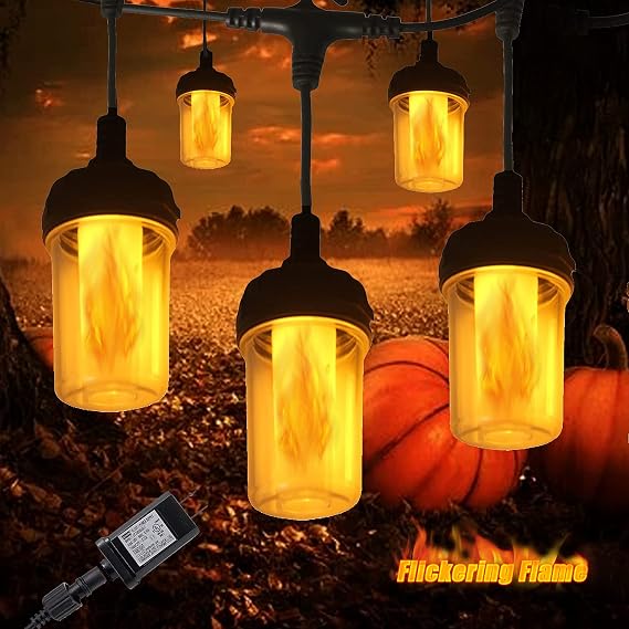 Flickering Flame String Lights for Halloween Decor Outdoor, 23Ft LED for Outside, Plug-in Garden, Connectable Backyard 10 Lantern & Hooks Decorative Cafe Bistro Patio
