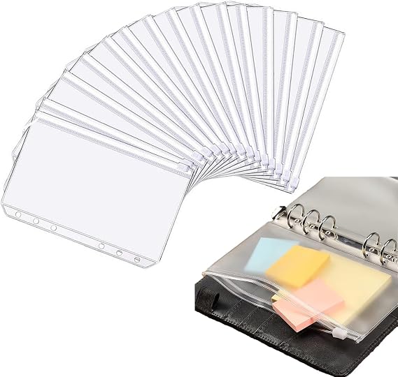 A6 Zipper Binder Punched Pockets,20 PCS PVC Plastic Budget Binder Pockets 6 Holes Ring Binders Document Organizer Bill Folder Money Cash Envelope Punch Wallet Organiser for Home Office Stationery
