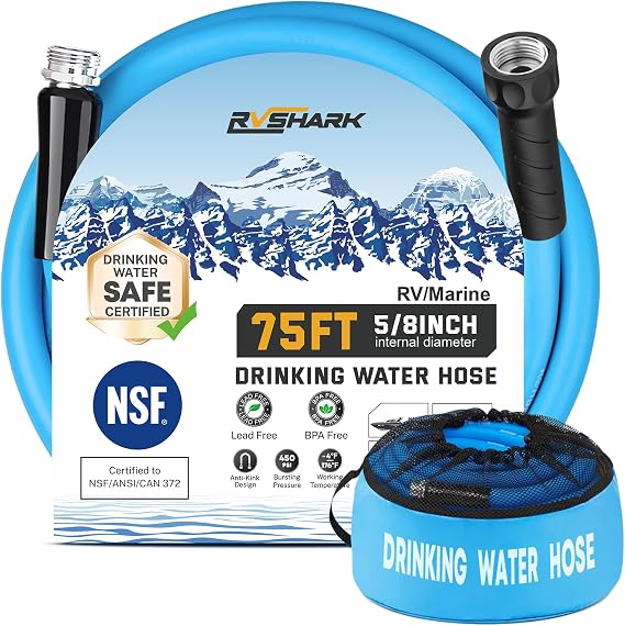 RV Water Hose 75FT, NSF 372 Certified Drinking Water Hose, Blue | 5/8'', Lead-Free, No BPA&Phthalate, Flexible No Kink, Portable Garden Hose with Storage Bag, for RV, Camper, Truck, Trailer