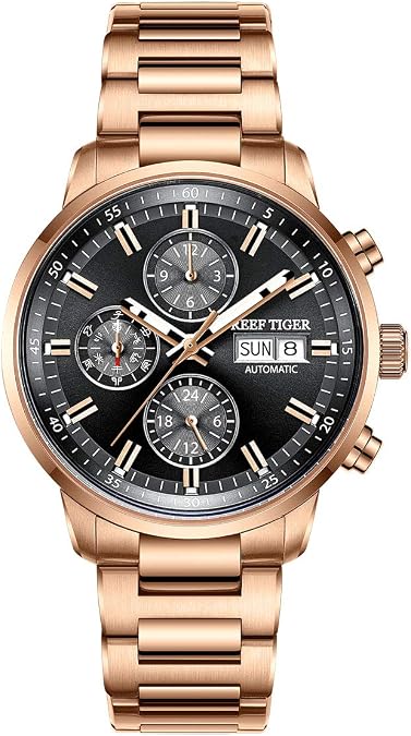 REEF TIGER Rose Gold Automatic Watches Multifunctional Waterproof Men Watches RGA1659