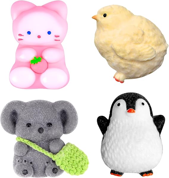 4 PCS Taba Squishy, Squishy Fidget Toys, Fufu Sensory Squeeze Toy | Taba Squishies Kit, Birthday Stress Gifts for Kids Adults Teens, Cute Cat, Penguin, Party Bag Fillers for Kids