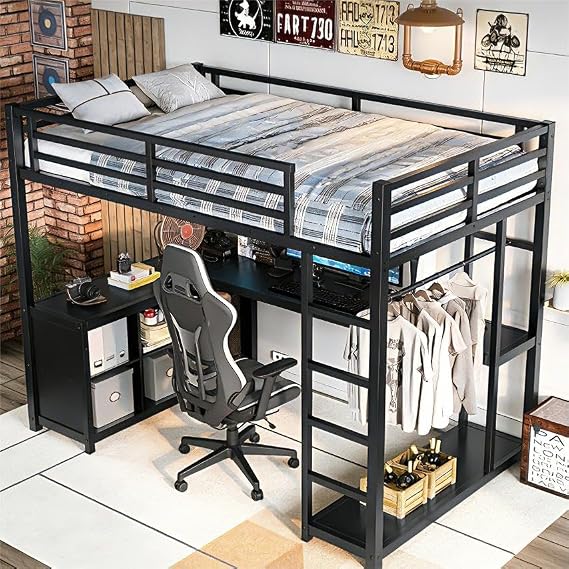 Bellemave Twin Loft Bed with Desk & Clothes Rack, All-in-One Heavy Duty Metal Loft Bed Frame with Storage Cube & Shelf, Space Saving Loft Bed Twin Size for Adult, Teen, Kids, Apartment, Black