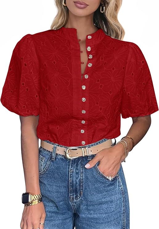 Lazysmile Summer Boho Tops for Women Short Sleeve V Neck Button Down Hollow Out Lace Embroidered Blouses Shirts