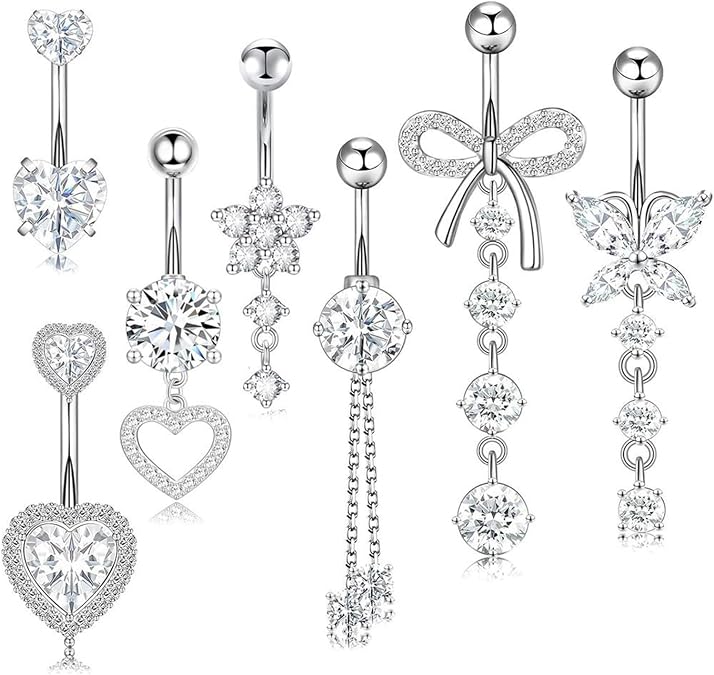 Belly Button Bars Stainless Steel 14G Dangly Navel Piercing Jewelry Set
