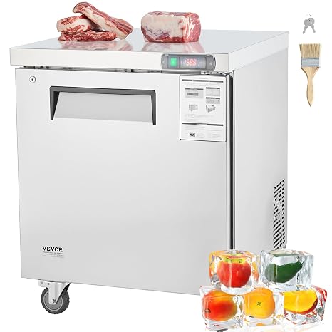 VEVOR 28" W Commercial Freezer Worktop, 7.4 Cu. Ft Undercounter Freezers with/Casters,lt;0~-8F>Defrost Frozen Prep Table, Single Door Stainless Steel Food Frozen Prep Station for Restaurant, Diner