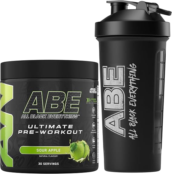 Applied Nutrition Bundle ABE Pre Workout 375g + ABE Black Shaker 700ml | All Black Everything Pre Workout Powder, Energy Drink, Physical Performance, Creatine, Beta Alanine, Caffeine (Sour Apple)
