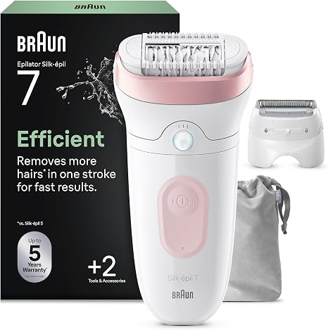 Braun Silk-épil 7 Women's Epilator Hair Remover for Long-Lasting Hair Removal Ladyshaver Waterproof Includes Razor Attachment and Trimmer Attachment 7-030 White/Flamingo Pink