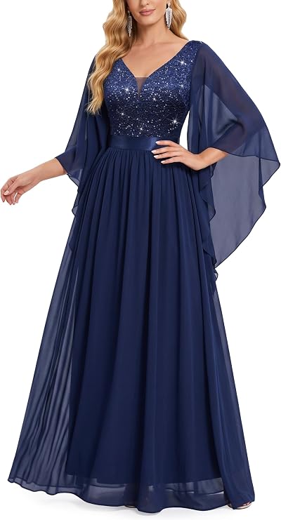 Miusol Women's Deep-V Neck Lace Contrast Sequin Formal Evening Maxi Dress