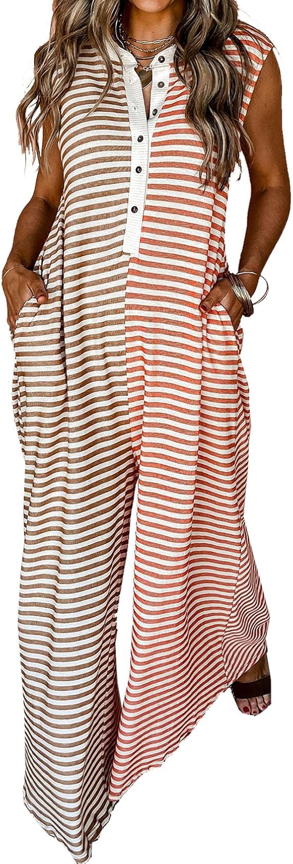 Womens Button Down Striped Sleeveless Jumpsuits