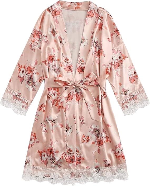 Women's Floral Satin Robes Sexy Loungewear Bathrobe Bridesmaids Short Kimono Robe with Belt Pure Silky