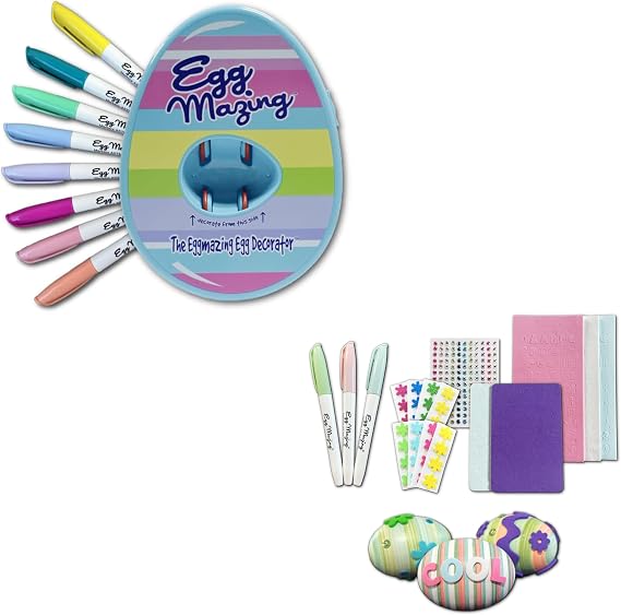 The Eggmazing Egg Decorator Easter Egg Decorating Kit (Blue) + Easter Egg-cessory Pack - Markers, Adhesive Jewels and Foam Stickers