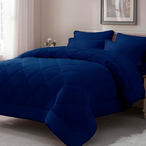 ELNIDO QUEEN® Full Size Comforter Set - 7 Pieces Navy Bed in a Bag Full, Bed Set All Seasons, Soft Bedding Sets with Dark Blue Comforter, Flat Sheet, Fitted Sheet, Pillowcases and Pillow Shams