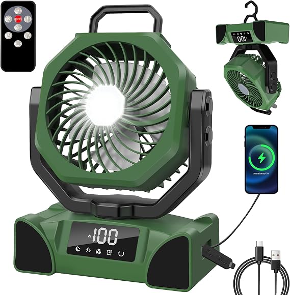 Portable Camping Fan Battery Operated Powered Fan with Remote Control & LED Lantern,20000mAh Battery Rechargeable,LED Digital Display,Oscillate,Timer,Rotation Hanging Hook for Tents Travel - Green