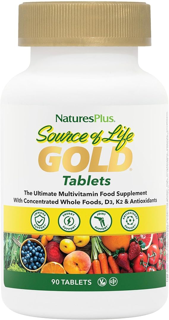 NaturesPlus Source of Life Gold Tablets - Plant Based Multivitamin and Mineral Supplement with Superfoods - Vegetarian, Gluten Free - 90 Tablets