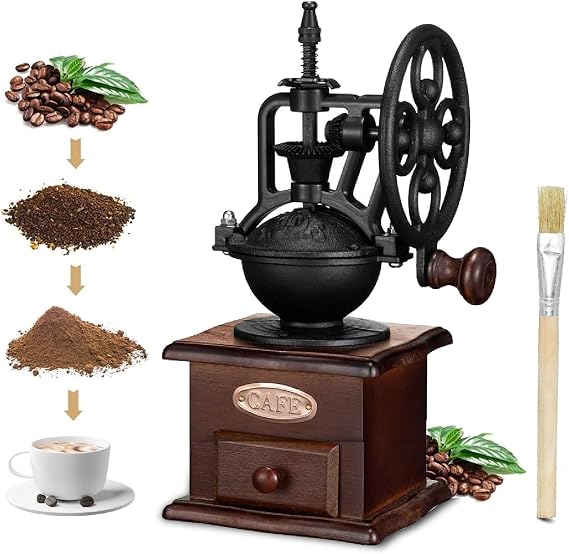 Coffee Mill, Wooden, Manual Hand-Cranked Coffee Mill, Antique Manual Coffee Grinder, Ceramic Mortar, Adjustable Grind Size, Easy to Clean, Cafe, Coffee Shop