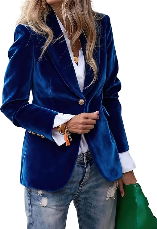 Women's Velvet Blazer Jackets Notched Lapel Collar One Button Dressy Business Office Coat