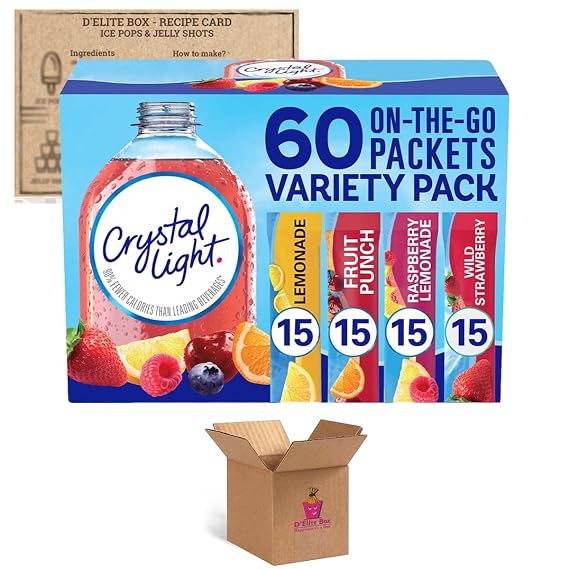 Crystal Light Sugar-Free, Lemonade, Fruit Punch, Raspberry Lemonade and Wild Strawberry On-The-Go Powdered Drink Singles Mix Variety Pack, 60 Count, Each Packet Dissolves into any 16.9 oz. container and  with a Bonus Recipe Card curated by D'Elite Box