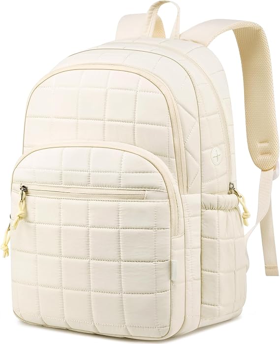 kadilong Laptop Backpack for Women College Travel,Quilted Daypack Bookbag for School Teen Girls Mochilas Mujer,Beige