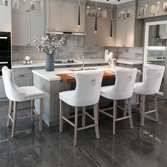 Luxury Velvet Bar Stools Set of 4 Kitchen Breakfast Barstools with Wooden Legs for Bar Counter (4, Beige)