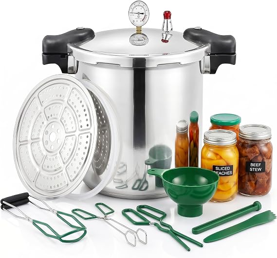 2-in-1 Pressure Canner Cooker Canning 25 Litre & Preserving Pot with Pressure Gauge,110kpa 15.5 Psi,6-Piece Canning Starter Kit,Aluminium Body,Stainless Steel Base,Suitable for Gas & Induction Hobs