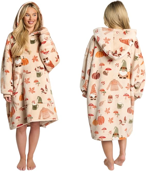 OHS Autumnal Blanket Hoodies, Soft Wearable Hoodies for Halloween Winter Fluffy Sherpa Reverse Halloween Hoodie Blanket - Burnt Orange, Grey