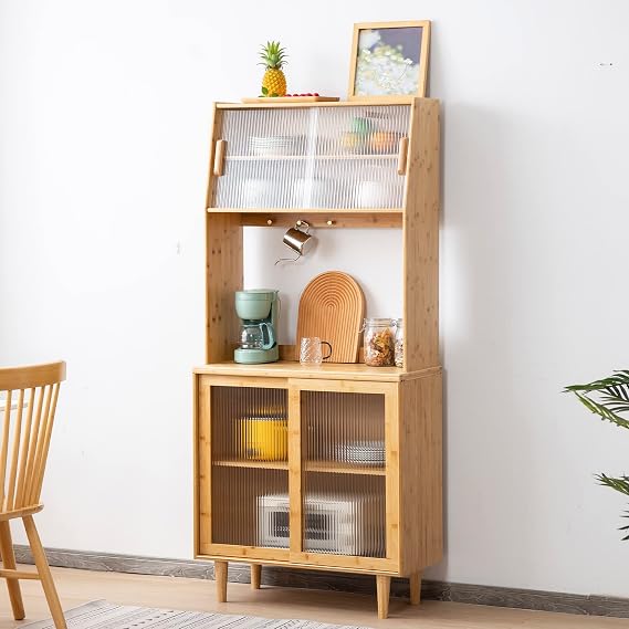 Bamboo Kitchen Sideboard Pantry Cabinets with Hooks, Large Storage Cupboard Pantry with 4 Tempered Glass Doors, Microwave Shelf, Freestanding Storage Buffet for Dining Room