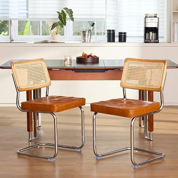 GrandNoor Rattan Dining Chairs Set, Wooden Mid Century Modern Dining Room Chairs, Mesh Back Cane Kitchen Chair, Cesca Design Chairs with Metal Chrome Legs (Brown Leather, 2PCS Dining Chairs)