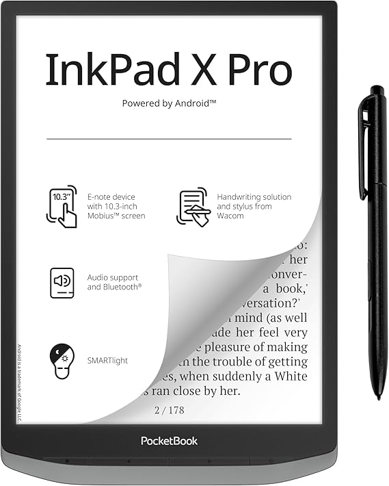 PocketBook InkPad X Pro E-Reader & E-Note | E-Ink Notepad | Handwriting-Feature & Pen | Glare-Free 10.3'' MobiusTM Screen | Powered by Android | SMARTlight | Audio- & E-Book Reader | Bluetooth & WiFi