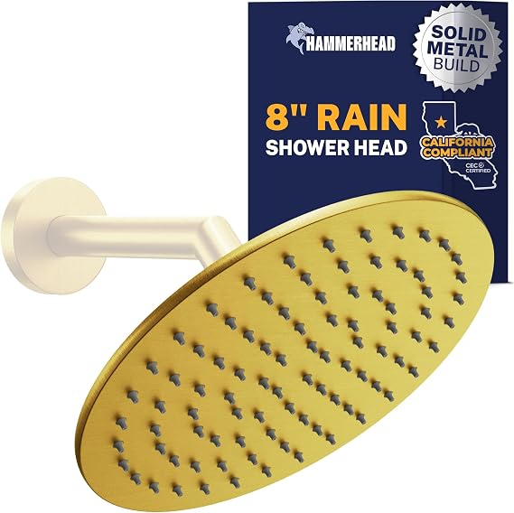 HammerHead Showers Solid Metal Round 8 Inch Rainfall Shower Head, High Flow Shower Head Optimized for Pressure, Brushed Gold, 1.75 GPM
