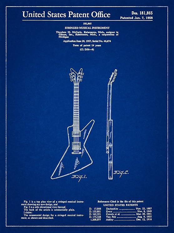 Gibson Explorer (Electric Guitar) Patent Blueprint-Style Art Print - 18x24 inch