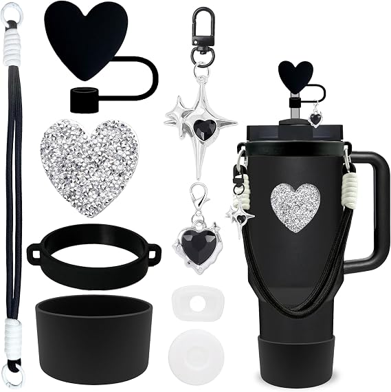 9 Pieces Stanley Cup Accessories Set Including Water Bottle Handle Strap, Stanley Cup Boot, Siliocne Bow Straw Cover, Shiny Cat Charms for Stanley Cup 40oz & 30oz Tumbler (Black)