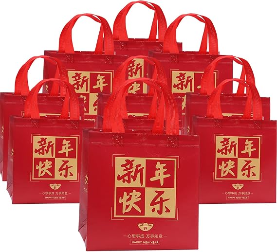 10Pcs Red Gold Chinese New Year Gift Bags Goodie FU Bags with Handles for Spring Festival Lunar New Year Chinese Festival Party Supplies