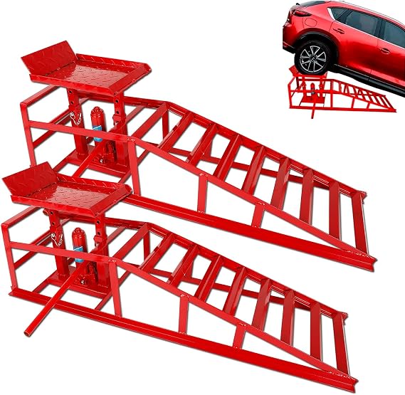 2PCS 5 Ton Hydraulic Car Ramps with Jack, Lift Height 9.8"-15", Red