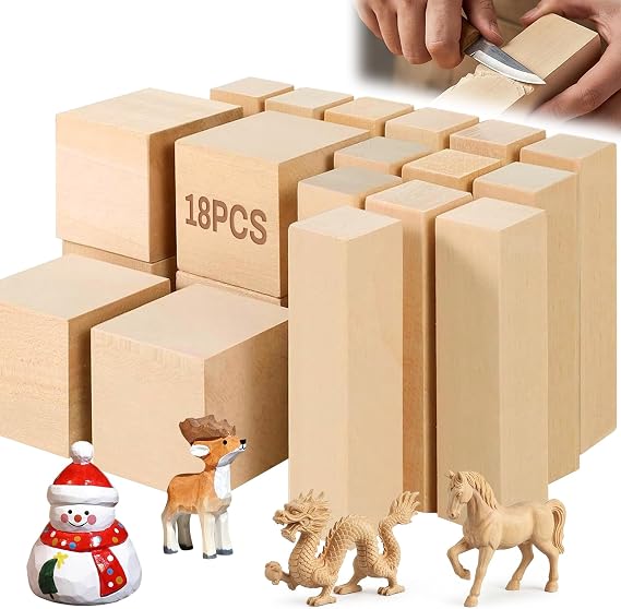18Pcs Basswood Carving Blocks - Unfinished Wood for DIY Whittling | 12 Rectangular Blanks Measure 10 x 2 x 2 cm Plus 6 Cubes Measure 5 x 5 x 5 cm for Figures Models Painting and School Crafts