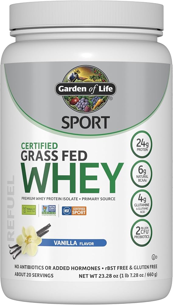 Garden of Life SPORT Whey Protein Powder Vanilla, Premium Grass Fed Whey Protein Isolate plus Probiotics for Immune System Health, 24g Protein, Non GMO, Gluten Free, Cold Processed - 20 Servings | 24g Whey Protein Isolate for Women & Men with Probiotics & Glutamine, Non-GMO, Gluten-Free, Cold-Processed