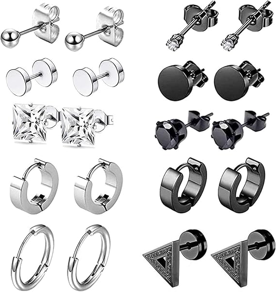 10 Pairs Stainless Steel Stud Earrings, 2mm-6mm Zirconia Stud Earring Womens Ear Studs Boys Earrings Male Unisex Screw Stud Earring for Women Men (White & Black)