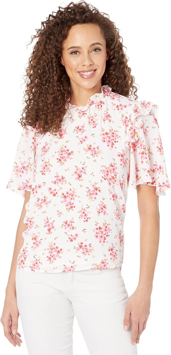 CeCe Flutter Sleeve Blooming Romance Blouse