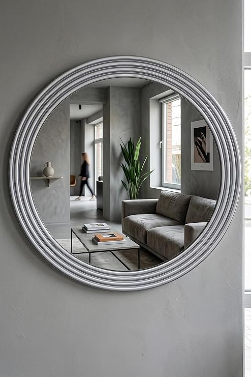 Zümrüt Gümüş Dekoratif Ayna Yuvarlak Ayna Işlemeli Ahşap Duvar Aynası Tekli (31cm Ayna - 43cm Çerçeve)
