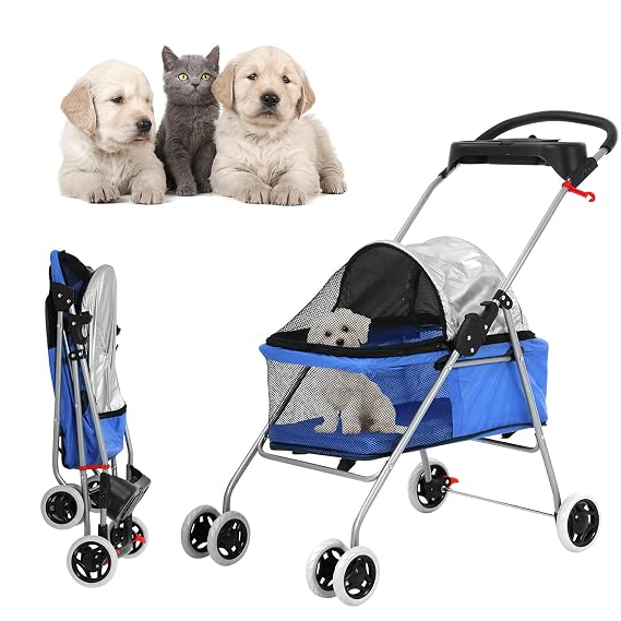 TTY Store Pet Stroller for Cats and Dogs-Waterproof Dog Strollers Lightweight Foldable 4 Wheels Jogger Travel Carrier Cart Small Medium Dogs with Cup Holder, Blue