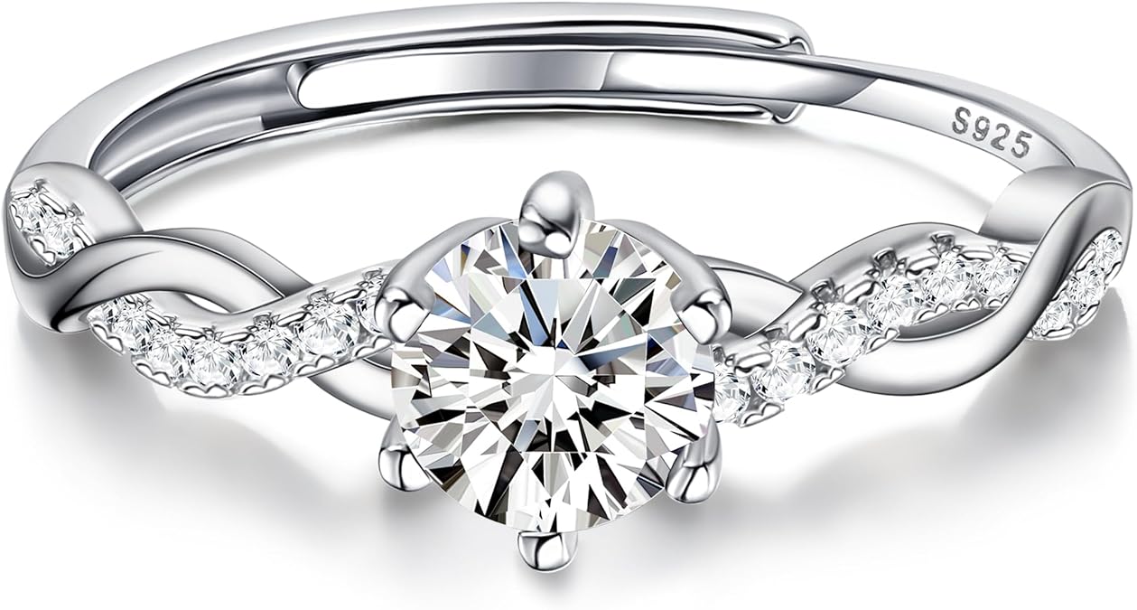JeweBella 925 Sterling Silver Rings for Women Adjustable Engagement Ring Wedding Rings Shiny Cubic Zirconia Ring Finger Ring Wedding Rings Engagement Promise Ring for Women Couple Ring Jewellery