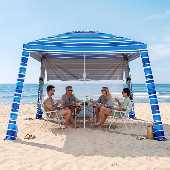 8'x8' Beach Cabana, UPF 50+ Large Beach Canopy with Side Wall, Easy Setup Pop Up Sun Shelter, Adjustable Height & Wind Resistant Beach Tent for 4-6 Person Family, Navy Blue