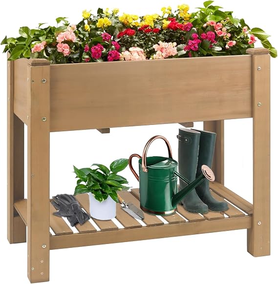 Raised Garden Bed Outdoor, Wooden Planter Boxes with Legs Protective Liner & Drainage Holes, Elevated Garden Flower Beds for Backyard Balcony, Gift for Gardening & Mother, 33.46'' X 17.9'' X 29.72''