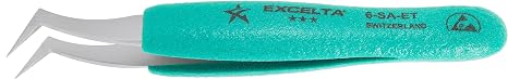 Excelta Ergo-Tweeze 6-SA-ET Tweezers, Flat Sharp Point, Angulated | Three Star, Anti-Mag. SS, Ergonomic, 0.5" Height, 0.75" Wide, 5" Length