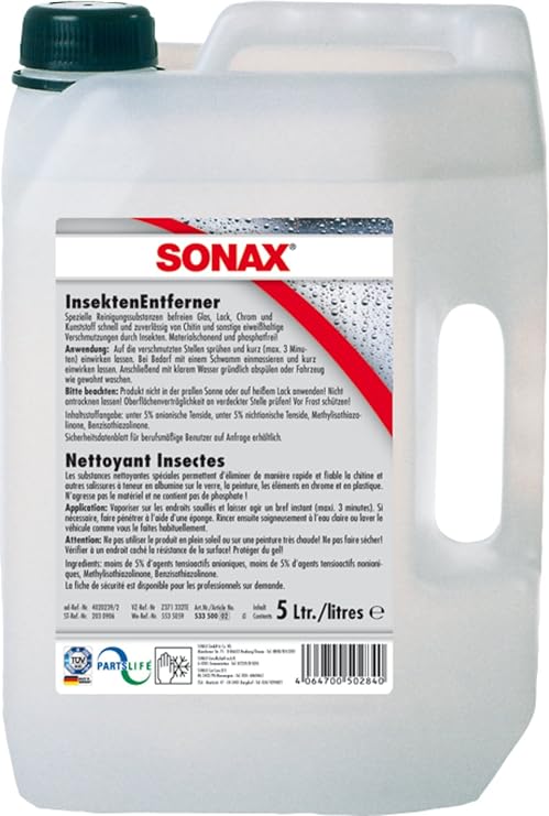 SONAX Insect Remover 533500 | High-Performance Bug Residue Cleaner for Paint, Glass, Chrome & Plastics | Solvent-Free Formula Loosens Tough Insect Deposits | Prevent Clear Coat Damage | | 5L