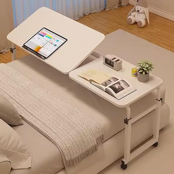 Adjustable Overbed Desk with Wheels, Overbed Table, Rolling Bed Desk, Mobile Overbed Table, Adjustable Tilting Laptop Table, for Home Bedroom Office Hospital