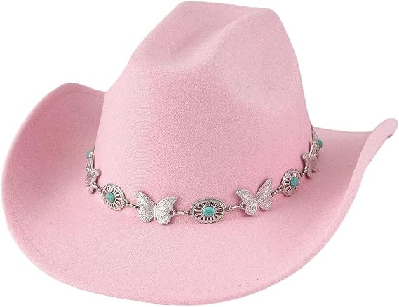 Turquoise Cowboy Hats for Women and Men Classic Felt Cowgirl Hat Wide Brim with Butterfly Buckle for Outdoor