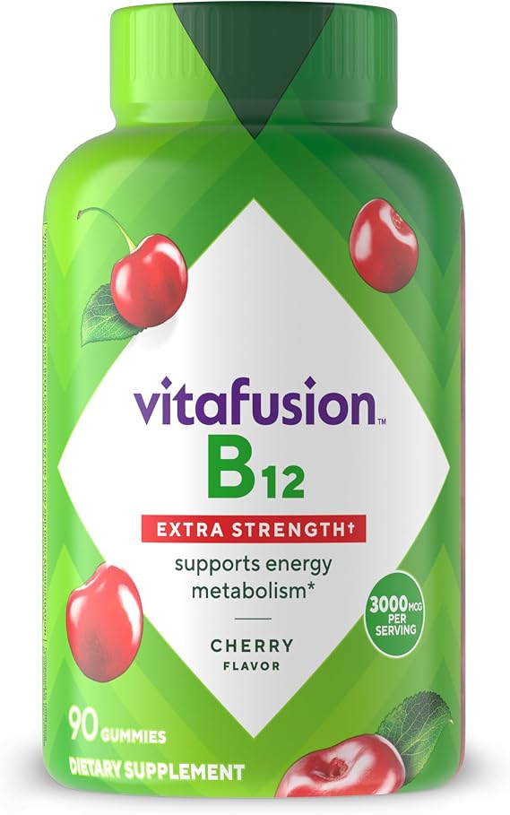 Vitafusion Vitamin B12 Gummies | 3000mcg | 90 Gummy Vitamins | Extra Strength for Women & Men | Cherry Flavor | Gluten and Dairy-Free Supplement