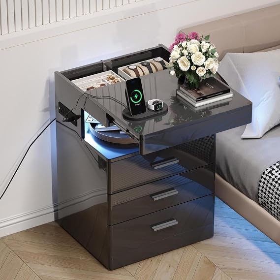 Treocho Led Nightstand with Hidden Space, Modern Night Stand with Charging Station, 3 Drawer Smart Nightstand with Glossy Finish, Tall Bedside Table with RGB Lights for Bedroom, Living Room, Black
