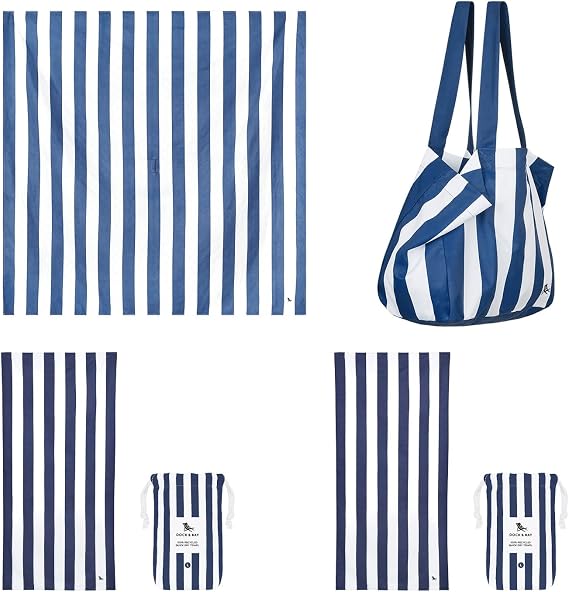 Dock & Bay Ultimate Beach Kit Bundle - Two Quick Dry Towels, Waterproof Bottom Picnic Blanket and Compact Foldable Beach Bag - 100% Recycled Materials - Whitsunday Navy Blue (A)