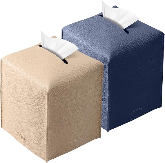 Tissue Box Cover, Tclouda, Modern PU Leather Square Tissue Box Holder for Creative Decorative, 2 Pack, Ideal for Bathrooms/Office/Nightstand Tent/Dining Table, 5"X5"X5", Beige&Navy Blue